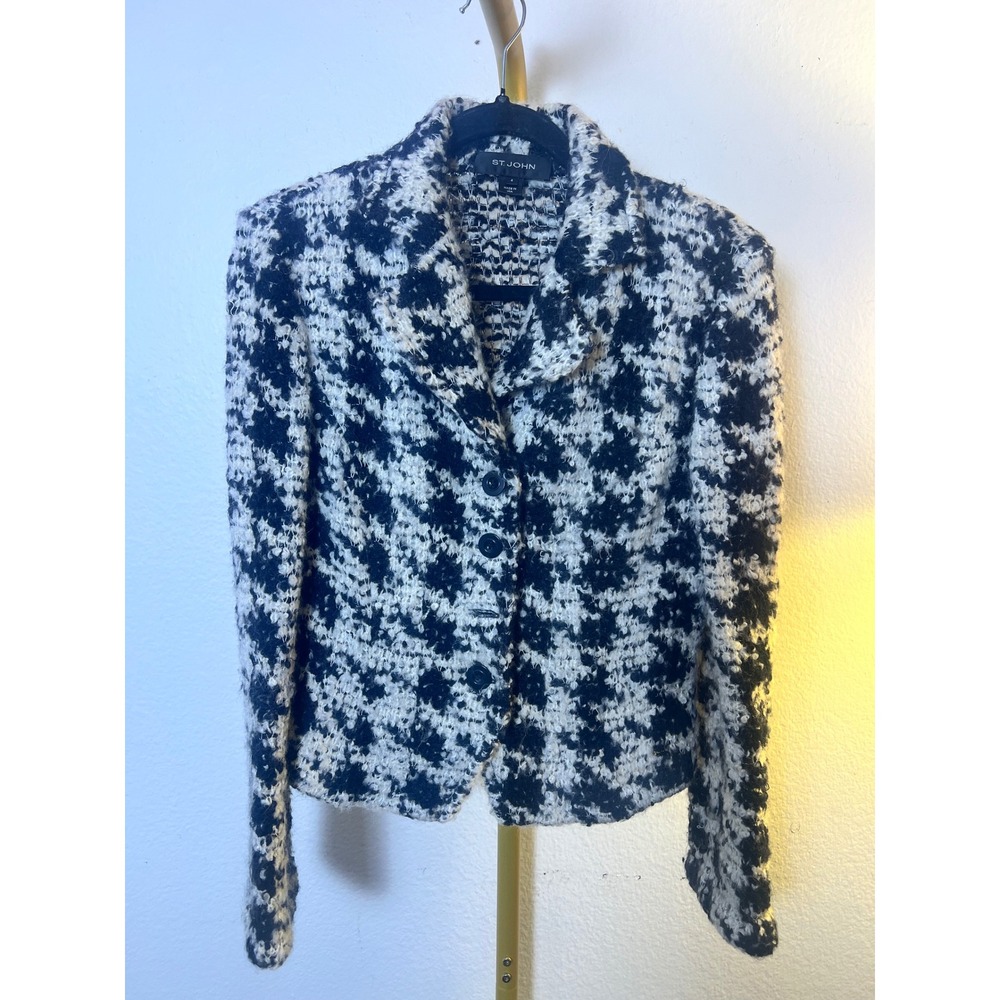 St. John Black White Houndstooth Boucle Knit Blazer Jacket Size 4 Made in USA